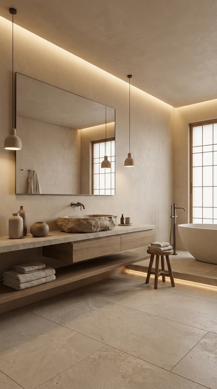 Luxury floating bathroom vanity with natural wood texture, integrated lighting, and modern spa-inspired design