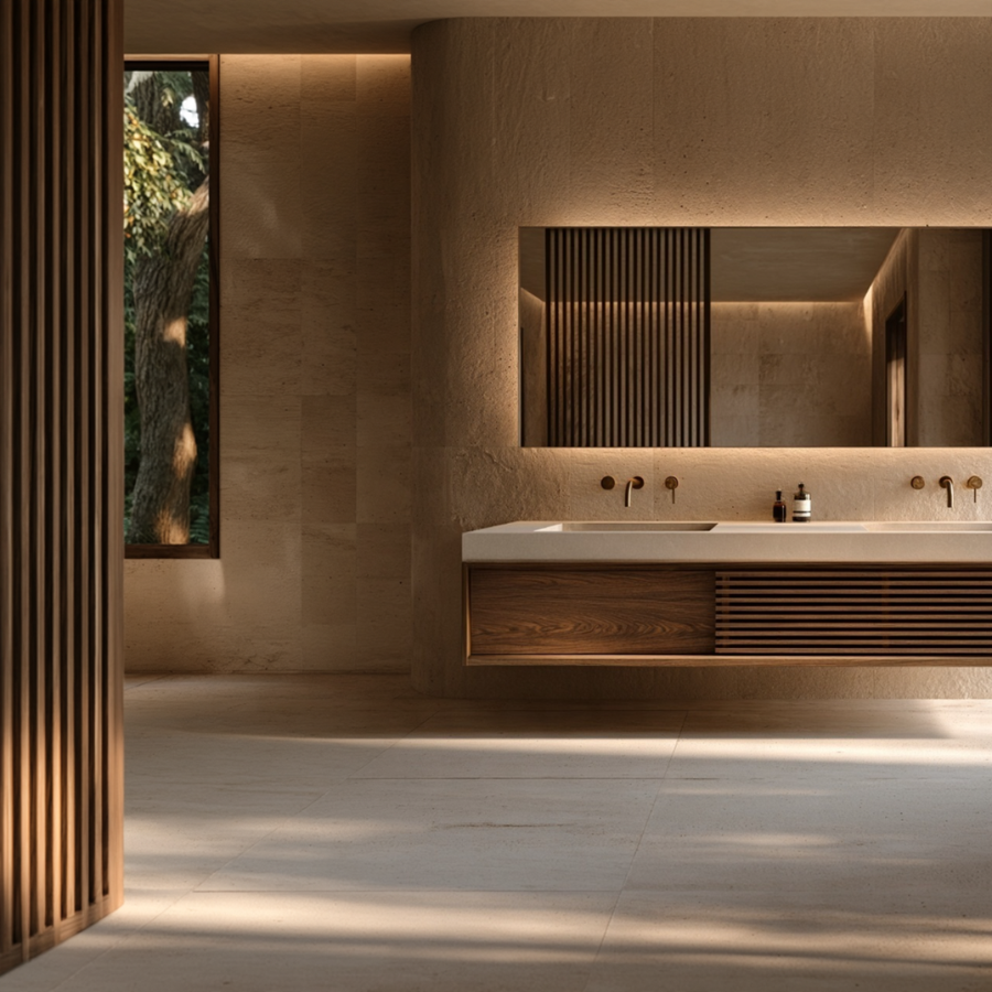 Custom walnut bathroom vanity designed with tailored dimensions for a contemporary bathroom