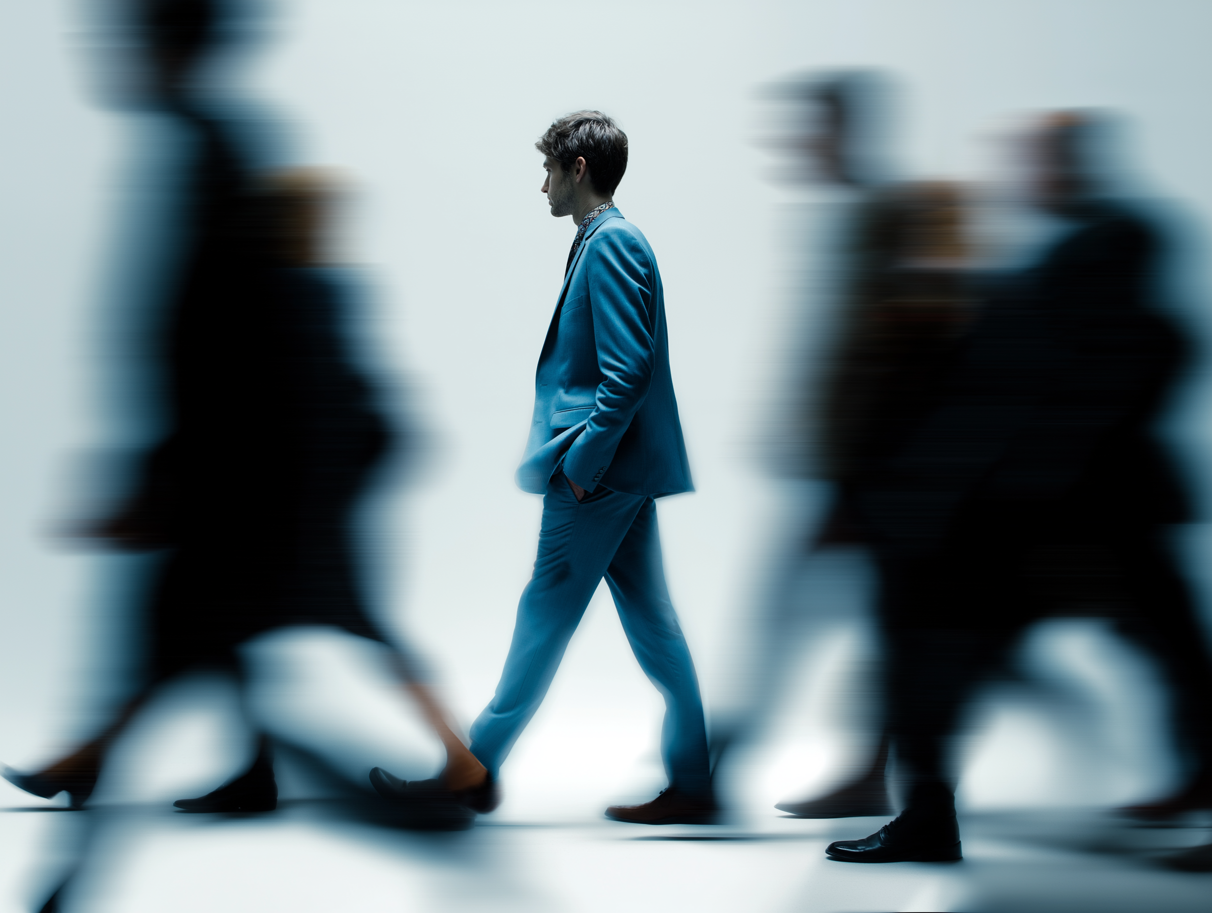 Leader in focus with surrounding people blurred, representin