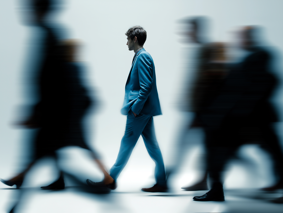 Leader in focus with surrounding people blurred, representin