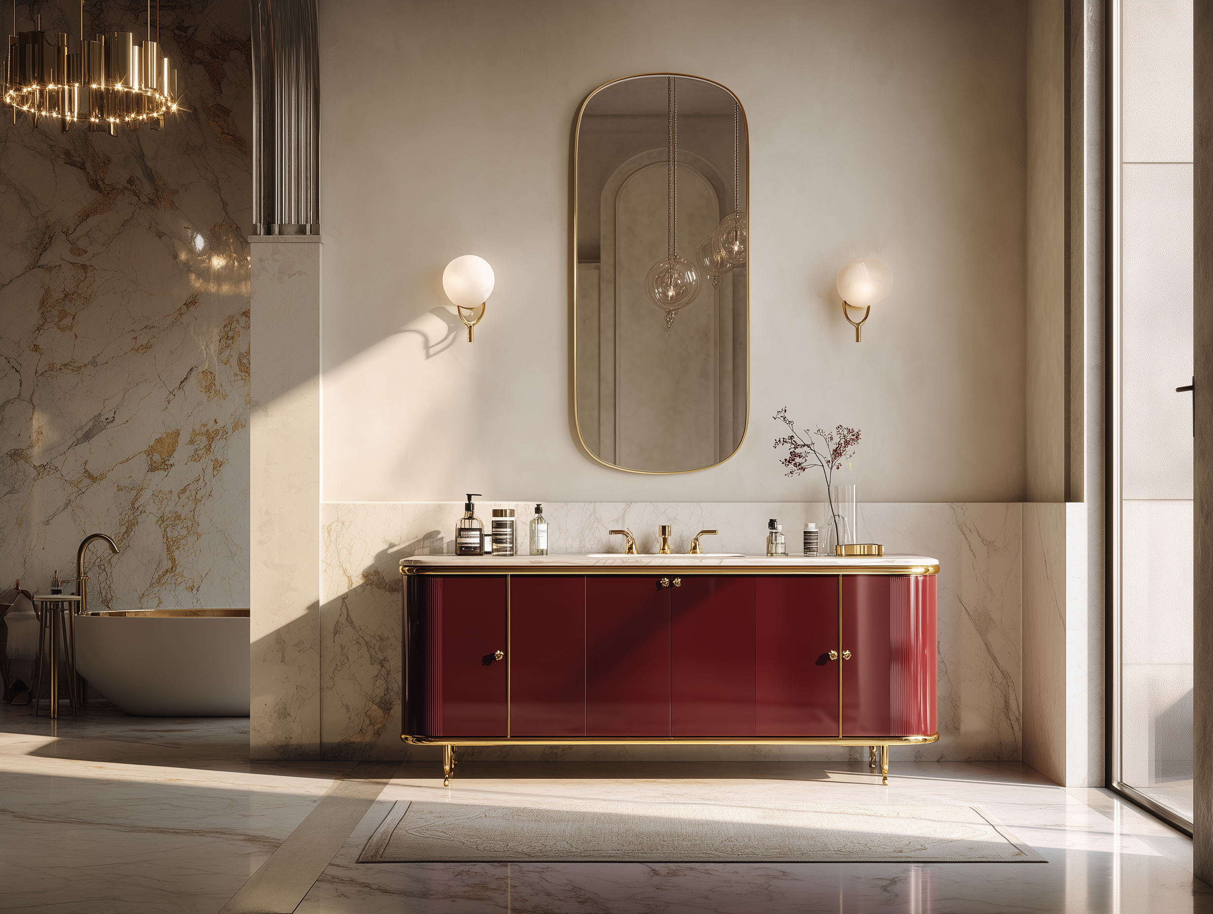 High-end bathroom vanity display with natural wood finishes