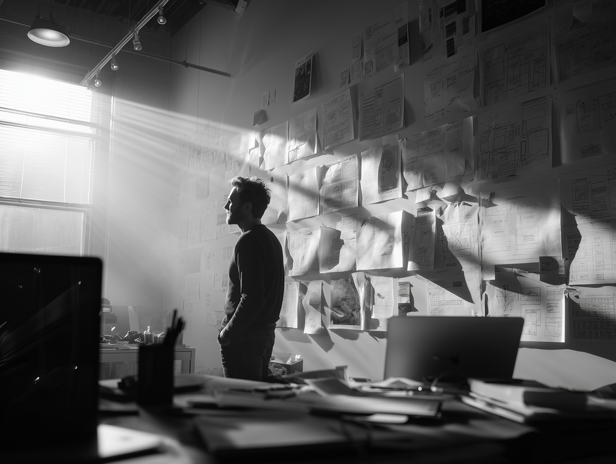 Business leader in a suit standing in focus against a blurred group on a light background, symbolizing clarity and growth through iteration