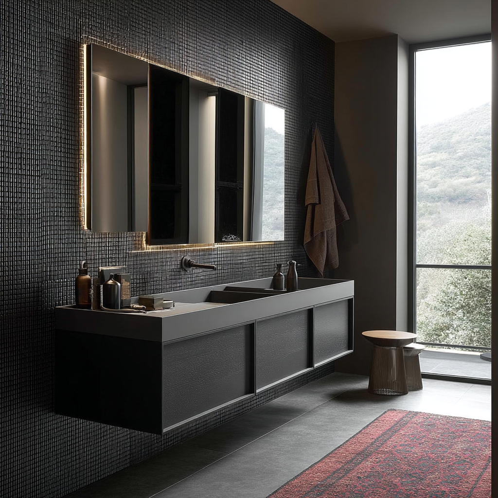 black floating bathroom vanity with stained wood veneer and handleless soft-close drawers by HEAVEN.