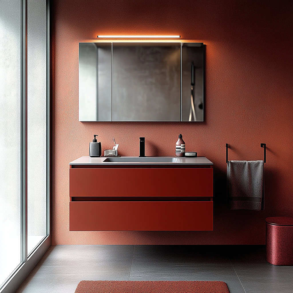 burgundy floating bathroom vanity in deep wine-red satin finish with minimalist design by HEAVEN.