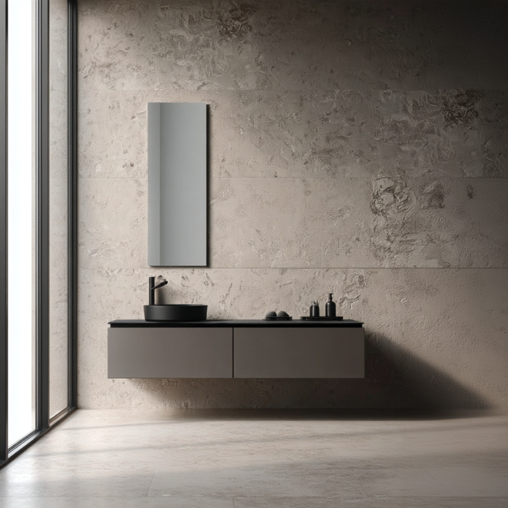 A modern floating bathroom vanity with a black countertop, black vessel sink, matte gray cabinet, a matching rectangular mirror, and a black faucet, set against a textured concrete wall in a minimalist bathroom interior.
