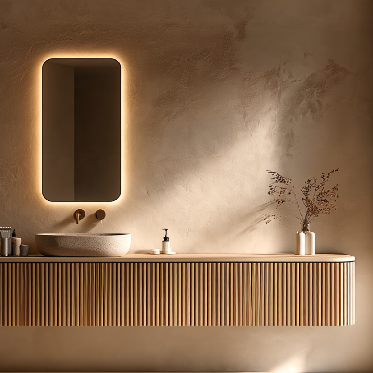 Solid Oak Double Sink Floating Vanity - Ribbed Front Custom Bathroom Cabinet