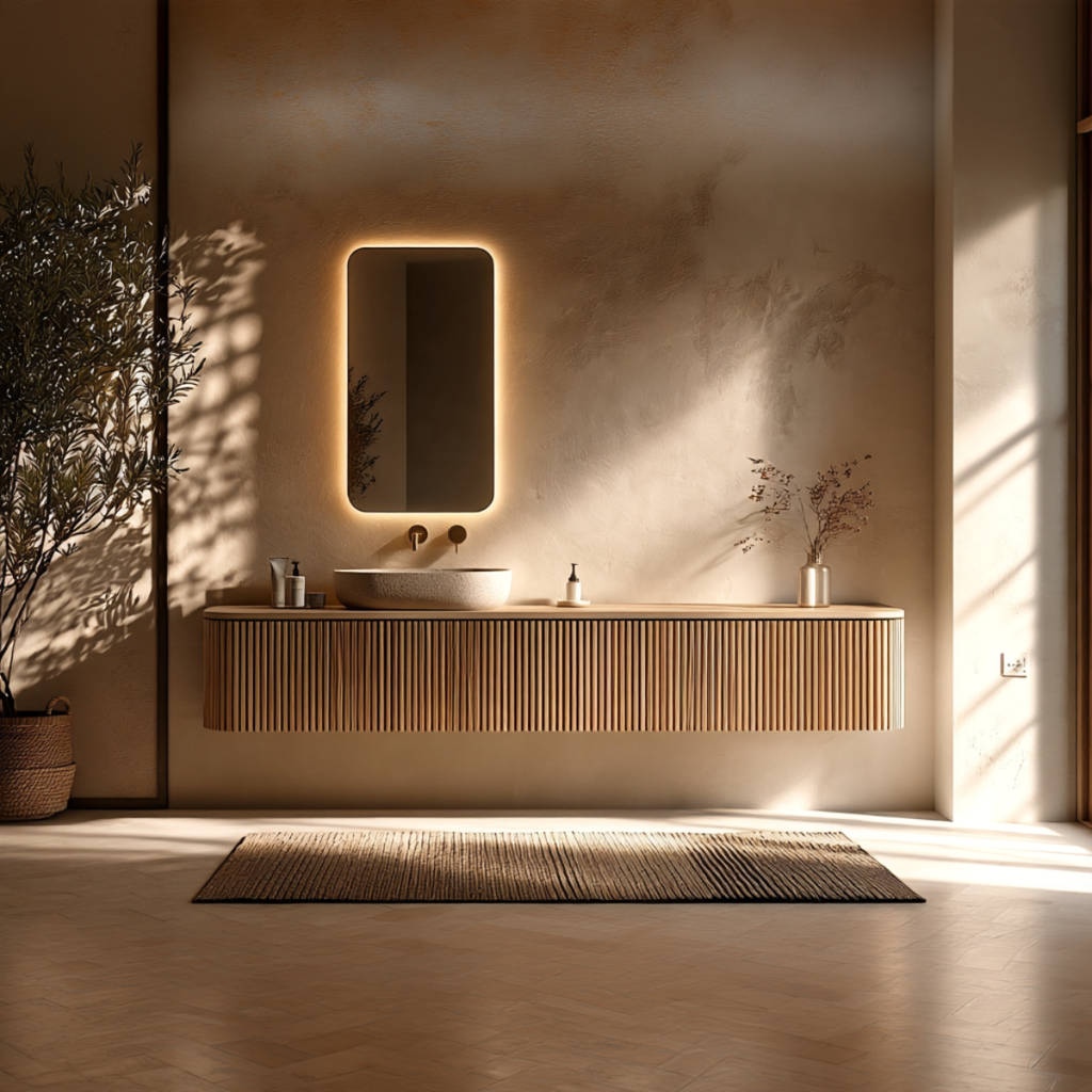 A modern floating vanity with a slatted wood front, a vessel sink, and a backlit rectangular mirror in a warm, sunlit bathroom setting.