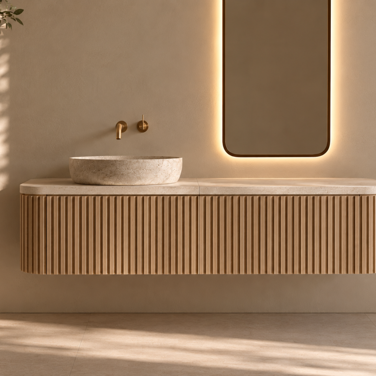 Solid Oak Double Sink Floating Vanity - Ribbed Front Custom Bathroom Cabinet