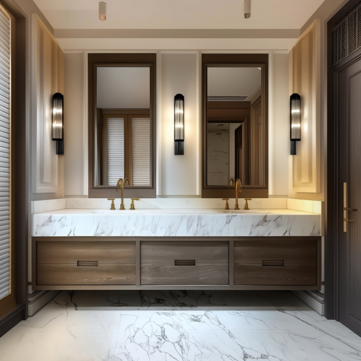 Dark Oak Floating Double Sink Vanity | Luxury 6 Drawer Bathroom Cabinet