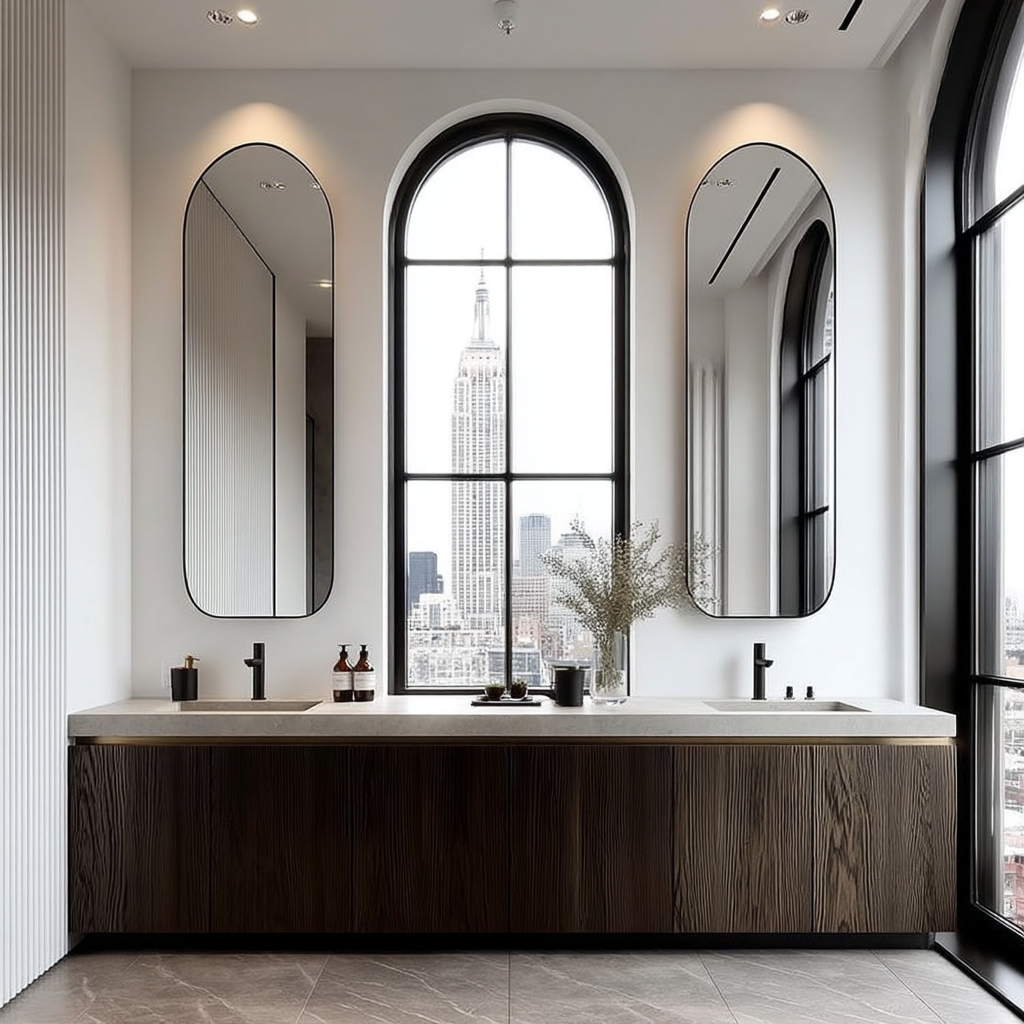 handcrafted black oak vanity with brass handle and rich satin finish