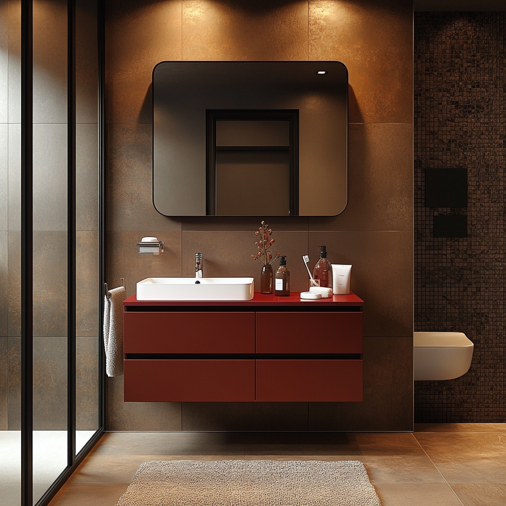 cherry red wall-mounted vanity with rich warm tone and seamless drawer fronts