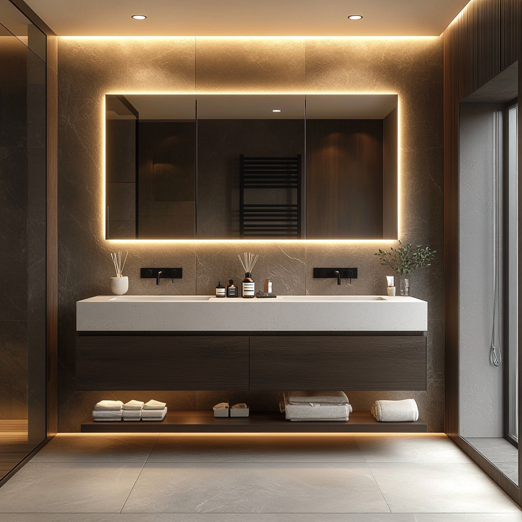 modern chocolate-finish oak vanity with horizontal grain and minimalist design.