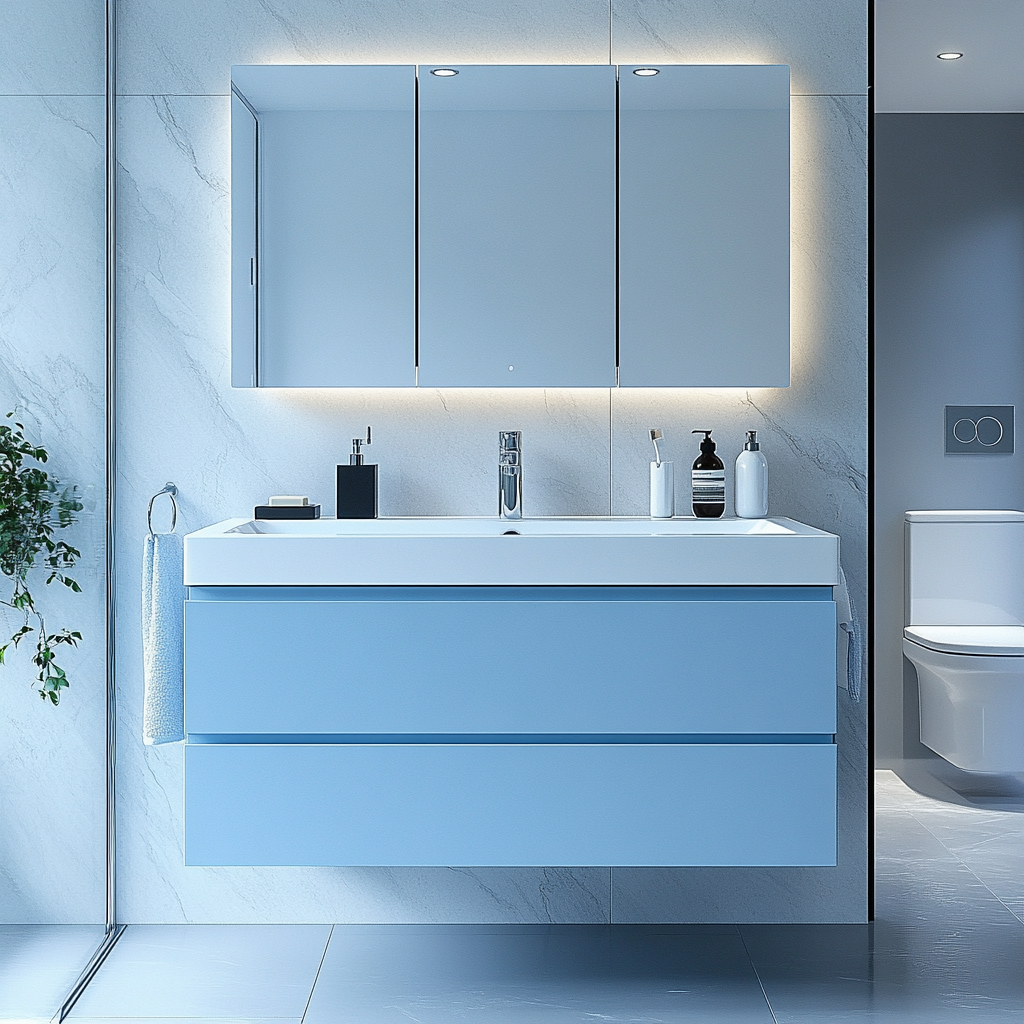 powder blue wall-hung vanity with minimalist drawer fronts and soft-close hardware