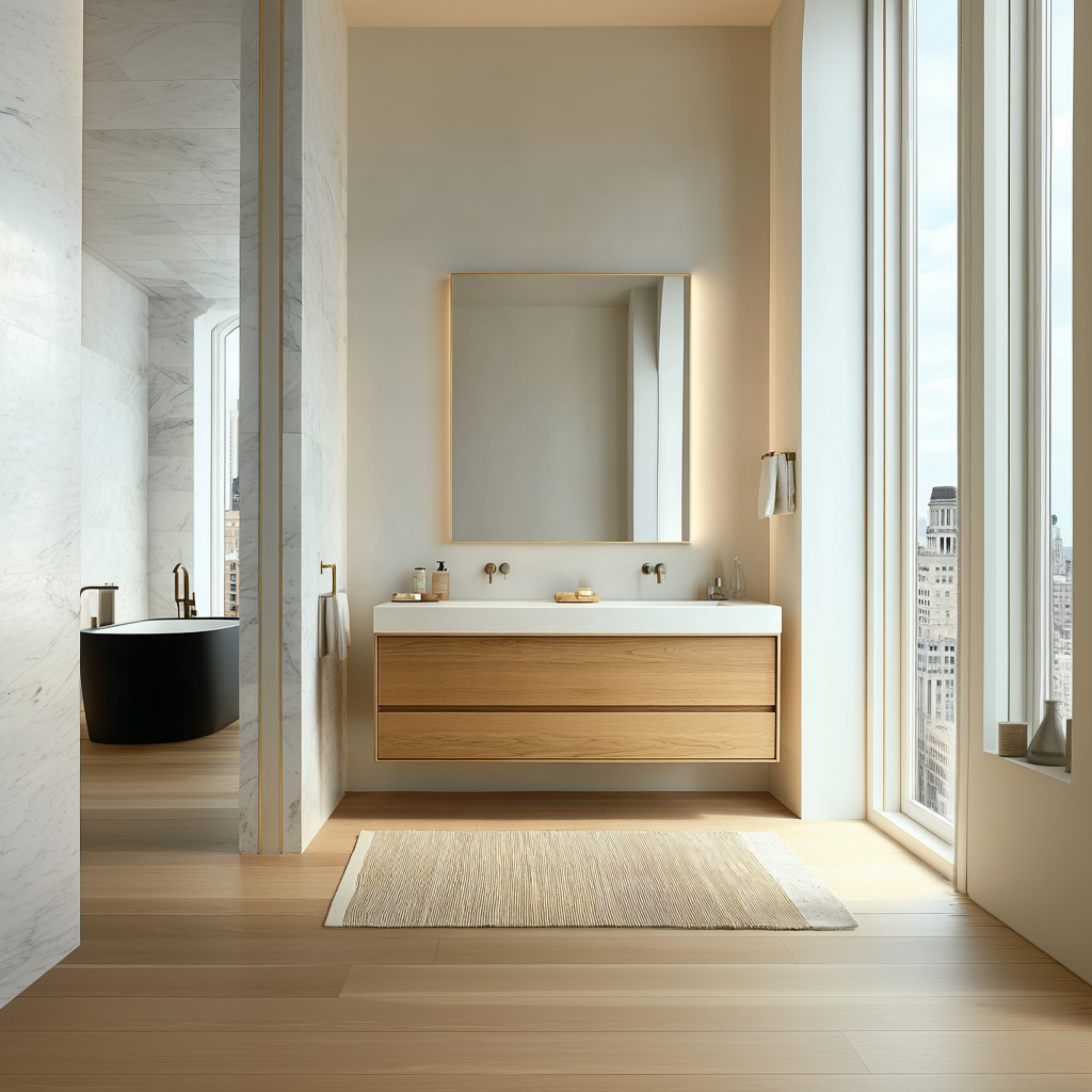 wall-mounted bathroom vanity in white oak with smooth grain texture and matte finish.