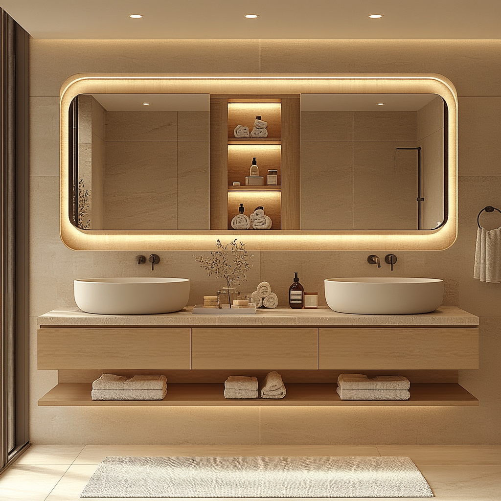 wall-hung white oak vanity with integrated open shelf and smooth grain texture