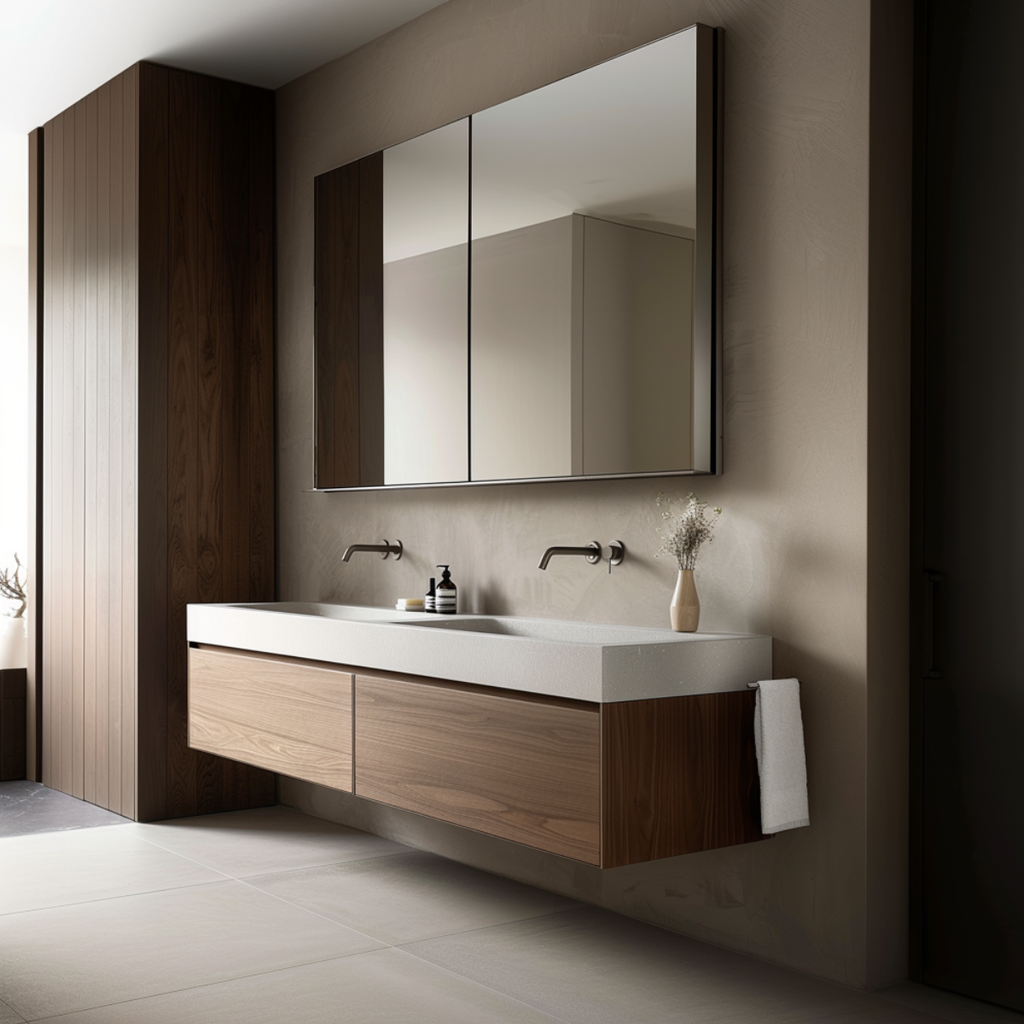 Walnut Floating Double Sink Vanity | Modern Handleless Master Bath Cabinet