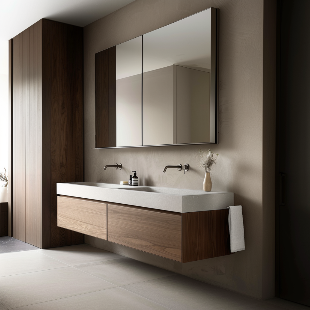 Walnut Floating Double Sink Vanity | Modern Handleless Master Bath Cabinet
