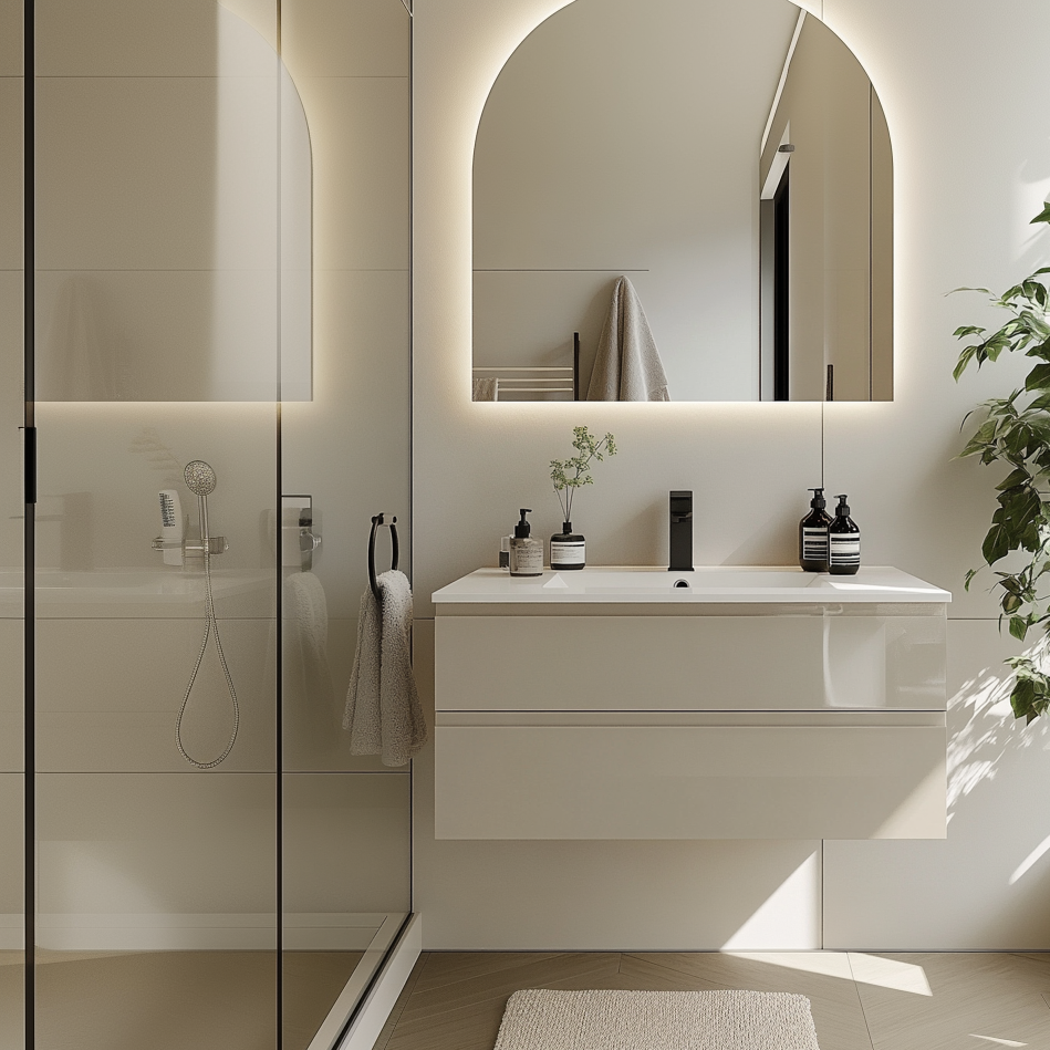 cream-colored floating bathroom vanity with minimalist design and soft-close drawers by HEAVEN.
