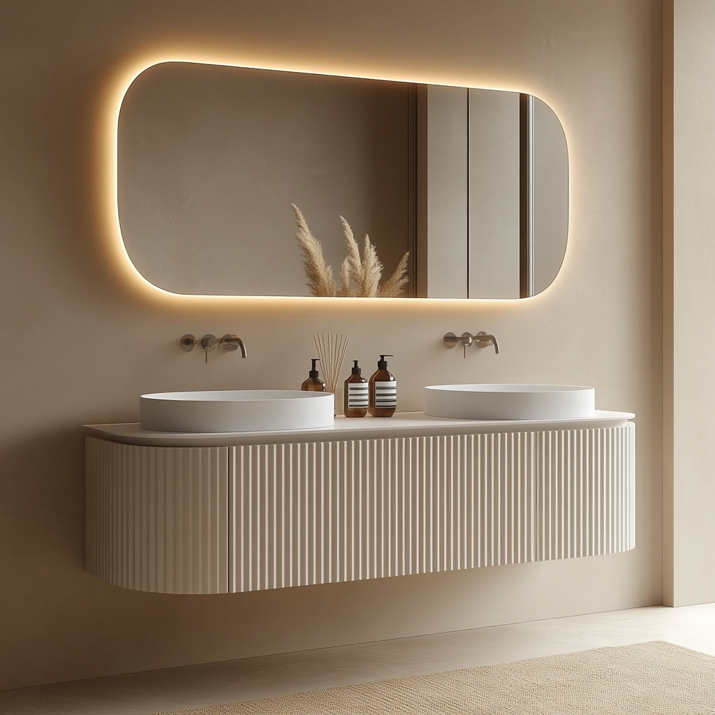 cream fluted floating vanity with rounded solid oak slats and push-to-open drawers by HEAVEN.