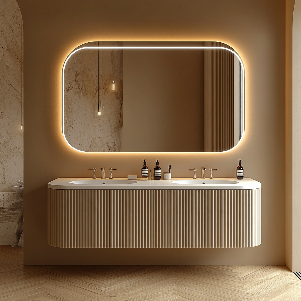 cream-painted floating vanity with oak fluted texture and soft sculptural lines, perfect for Japandi interiors.