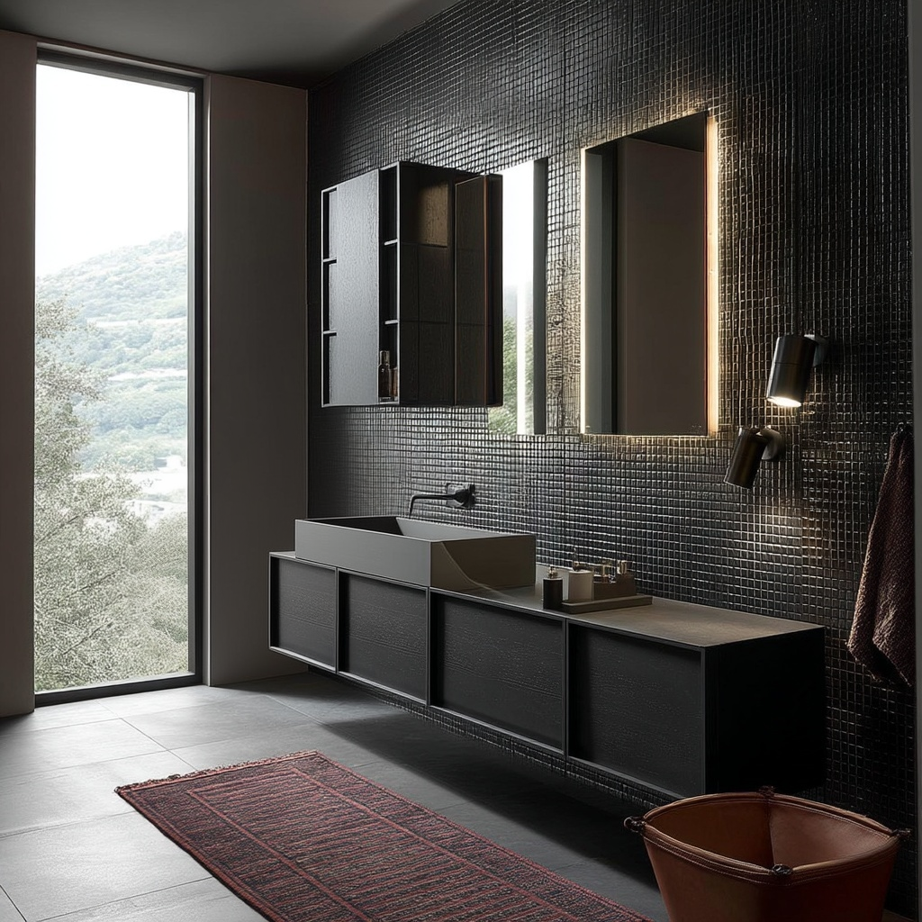 custom black floating bathroom vanity with stained veneer and soft-close drawers.