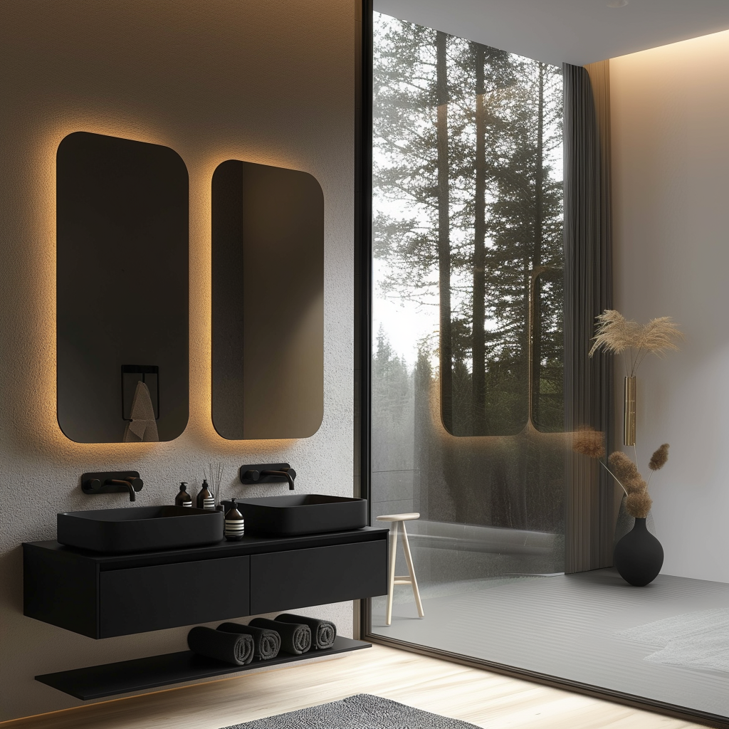 custom black painted floating vanity with soft-close drawers and minimalist design.