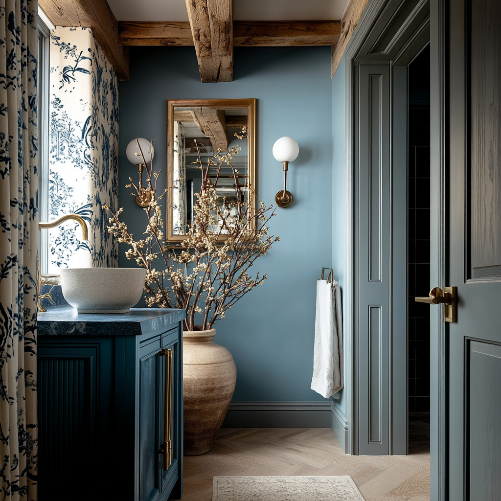 custom freestanding bathroom vanity in blue oak with brass hardware and minimalist silhouette