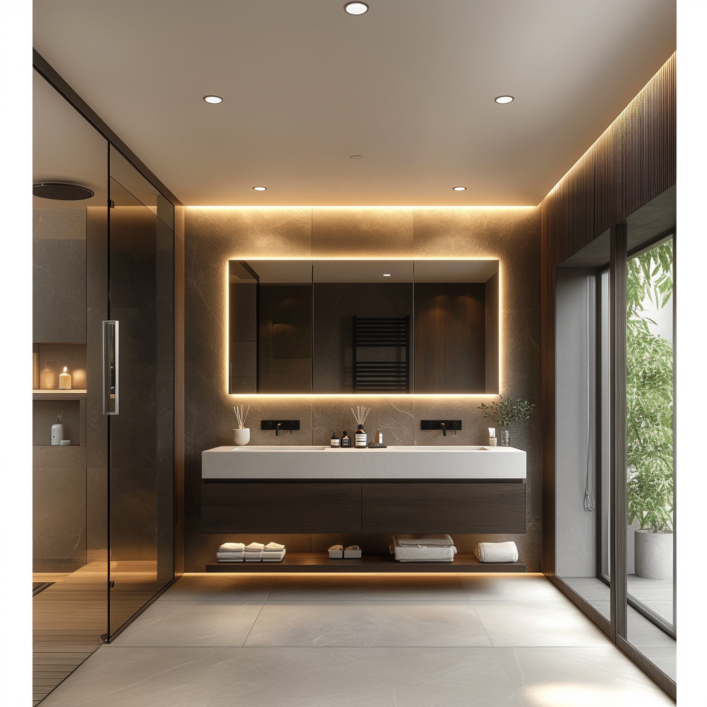 custom floating vanity in chocolate oak veneer with two soft-close drawers and open shelf.