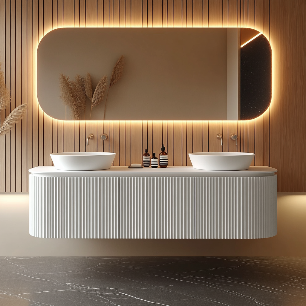 custom cream fluted bathroom vanity with rounded oak slats and matte/satin finish options.