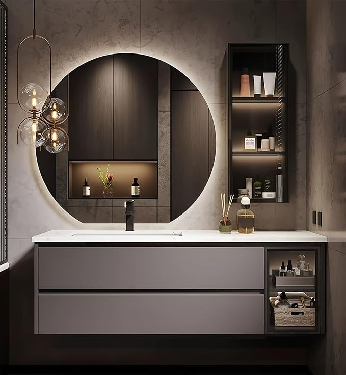 custom floating bathroom vanity in oak veneer with mustard/ochre satin enamel finish