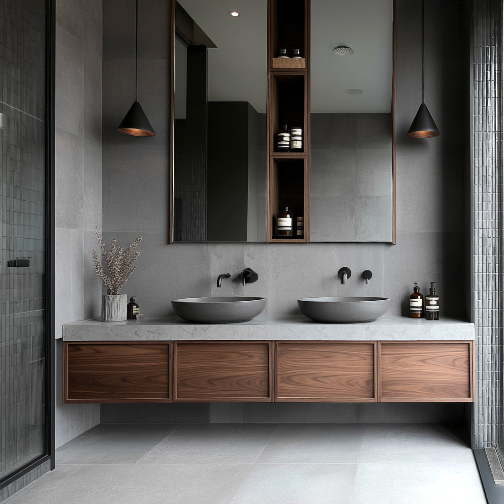 custom walnut floating vanity with clean lines, soft-close drawers, and natural wood texture.