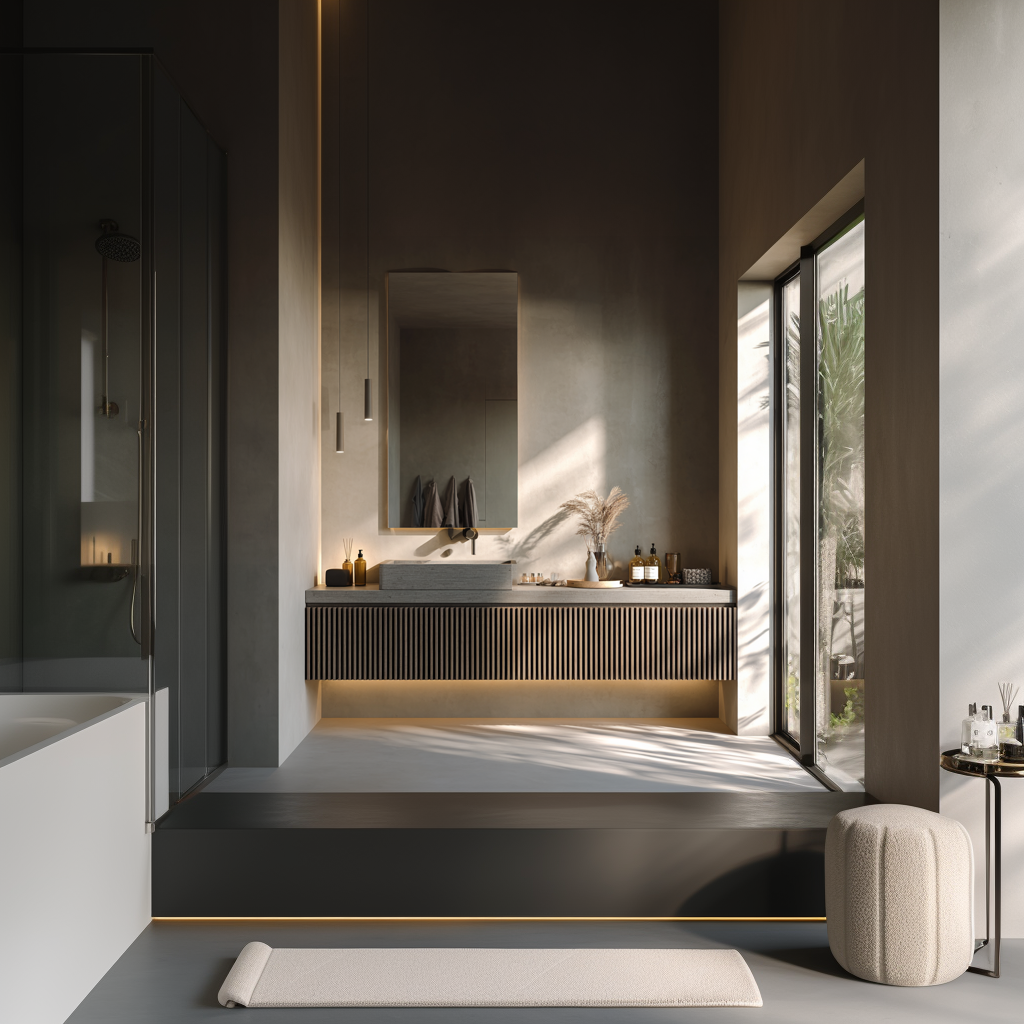 custom floating vanity in gray-stained oak veneer with sculpted fluted front and clean lines.
