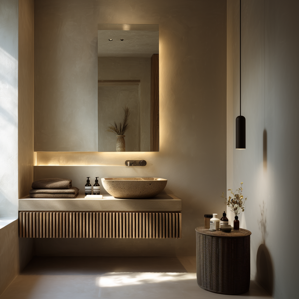 luxury oak bathroom vanity with fluted facade and floating silhouette