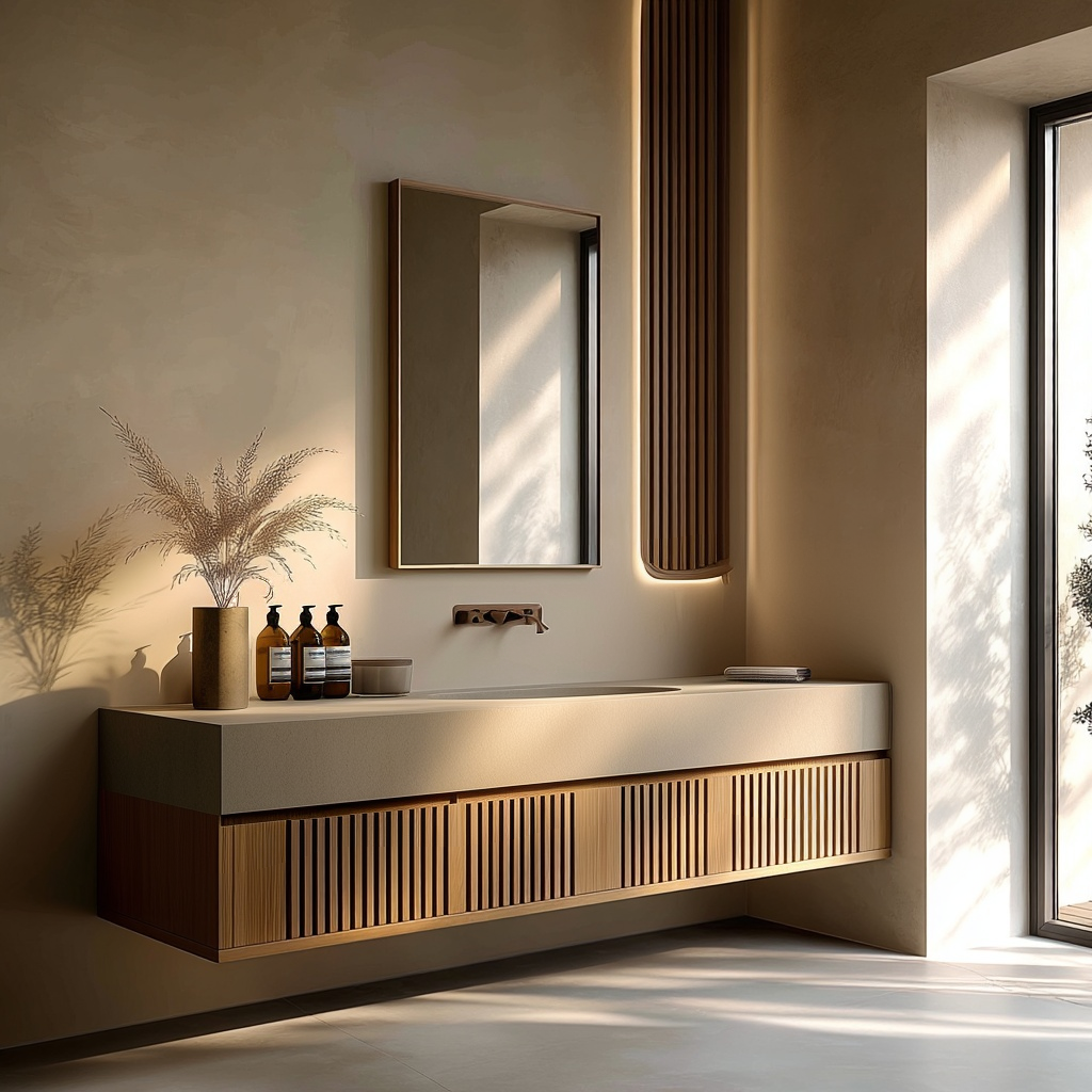 custom fluted floating vanity available in oak or walnut with vertical slats and soft-close drawers