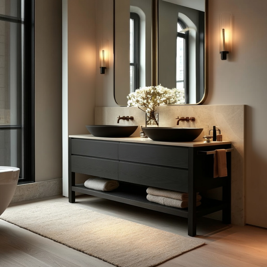 custom dark oak double sink vanity with modern lines, open shelf, and soft-close drawers.