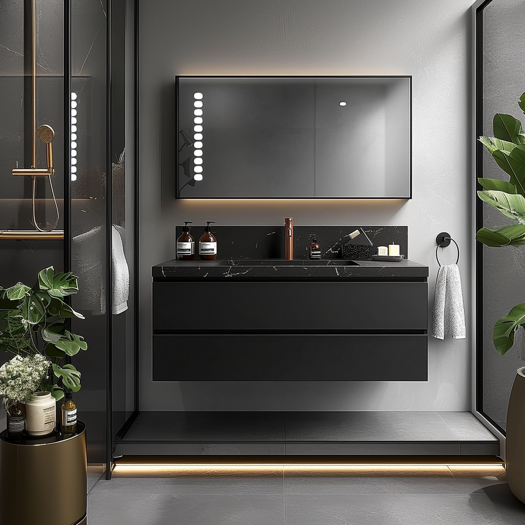 custom floating vanity in matte black finish with soft-close storage and architectural design