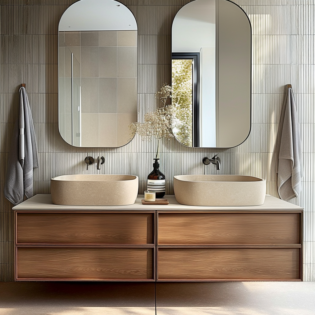 custom walnut veneer floating vanity with integrated finger rails and modern aesthetic.