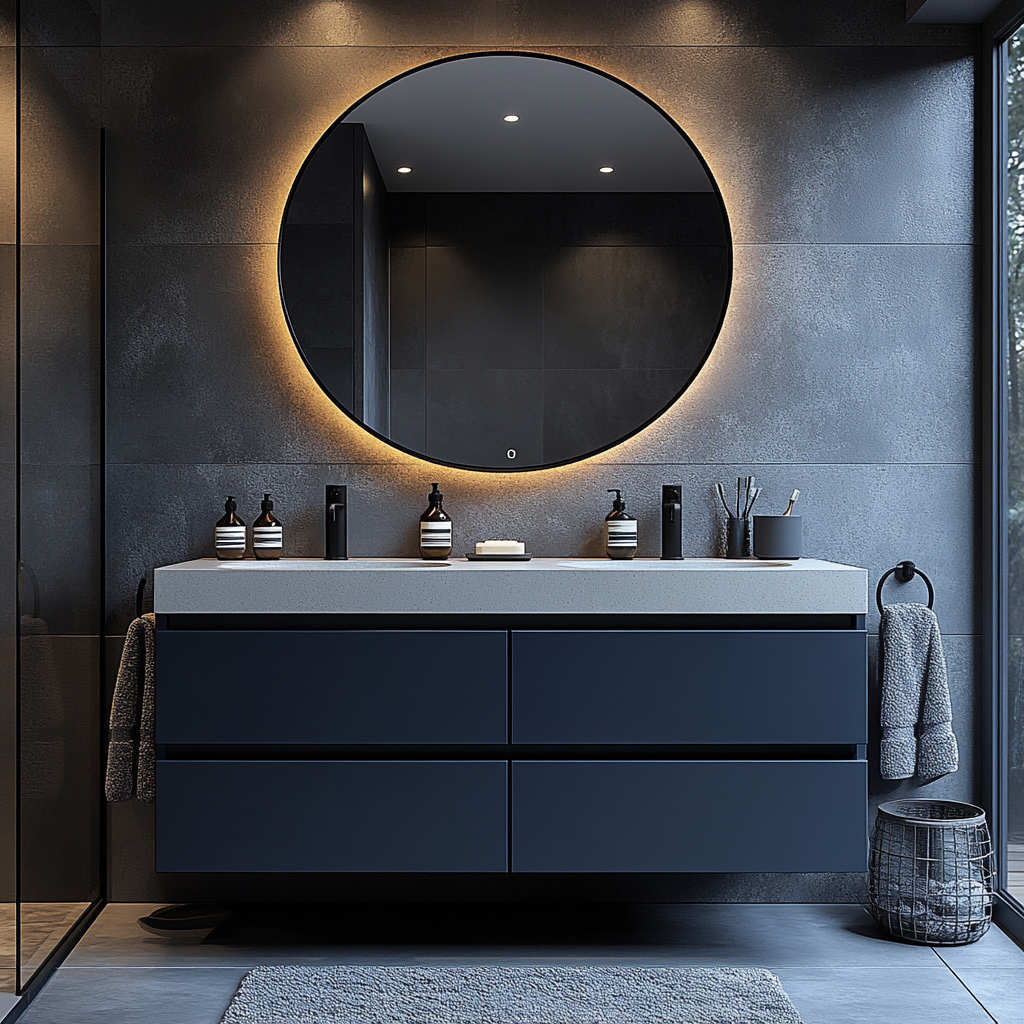 custom navy blue floating bathroom vanity with full-extension soft-close drawers.