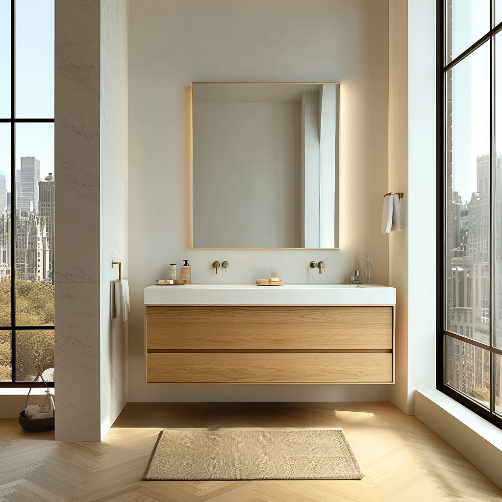 custom-made floating bathroom vanity in white oak finish with minimalist silhouette.