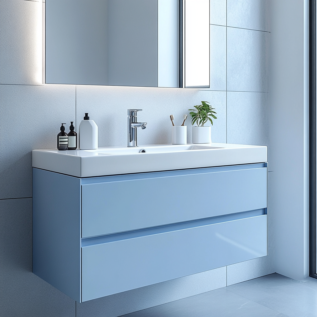 Custom Powder Blue Floating Vanity by HEAVEN — Contemporary Cabinet