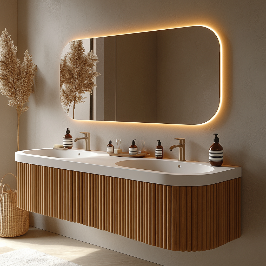 custom floating double-sink vanity with ribbed solid oak front and contemporary minimalist form