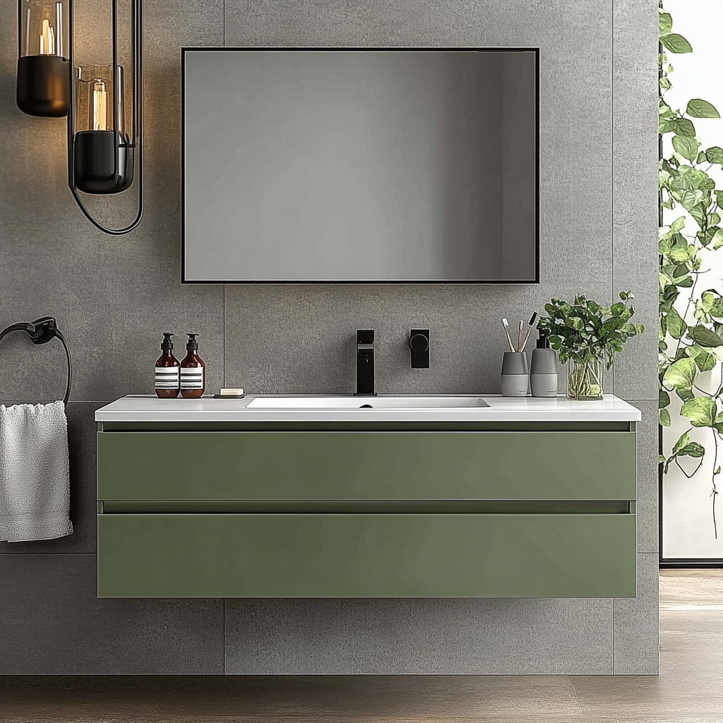 custom sage green floating vanity with minimalist design and soft-close storage
