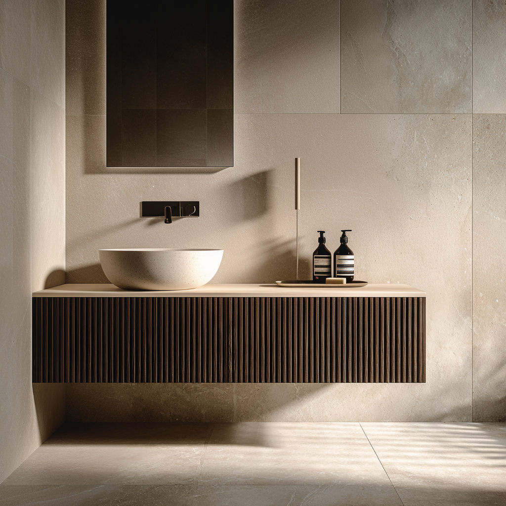 custom oak floating bathroom vanity with fluted front and clean modern lines.
