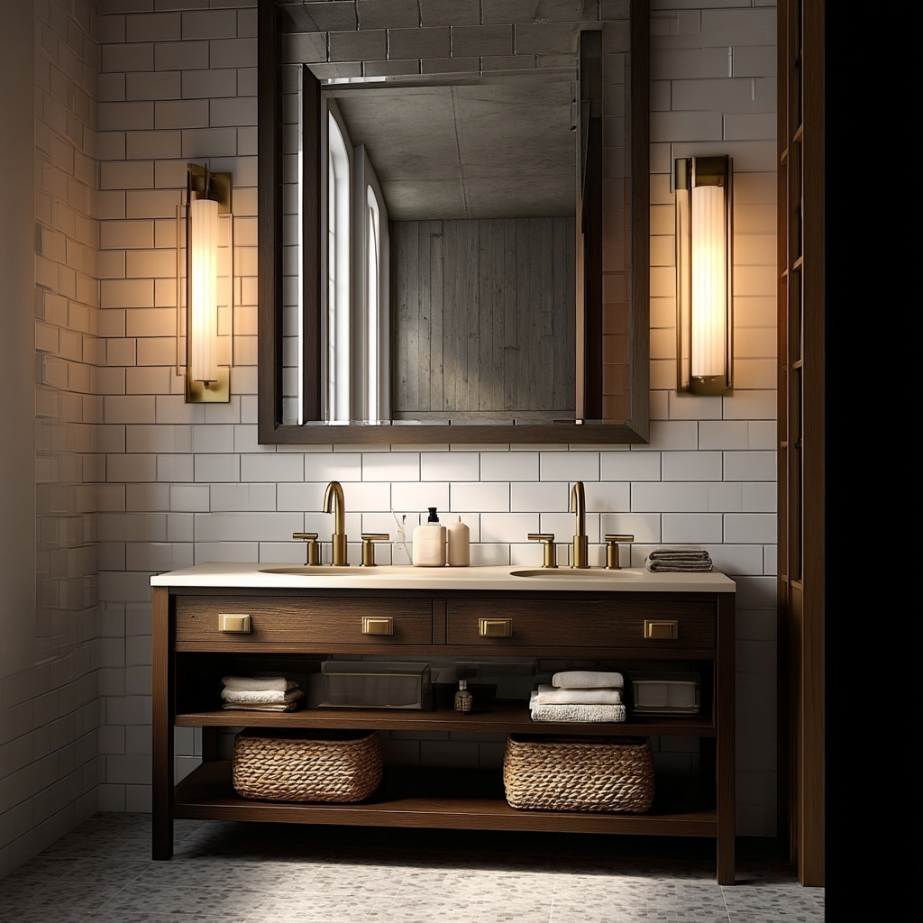 custom dark solid oak vanity with rich grain, beveled drawer, and open storage shelves.