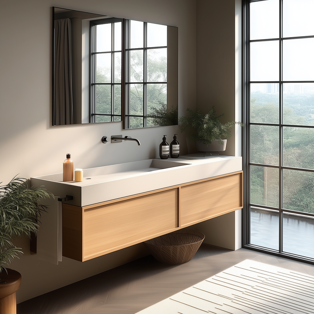 custom oak vanity with minimalist silhouette, floating installation, and soft-close drawers