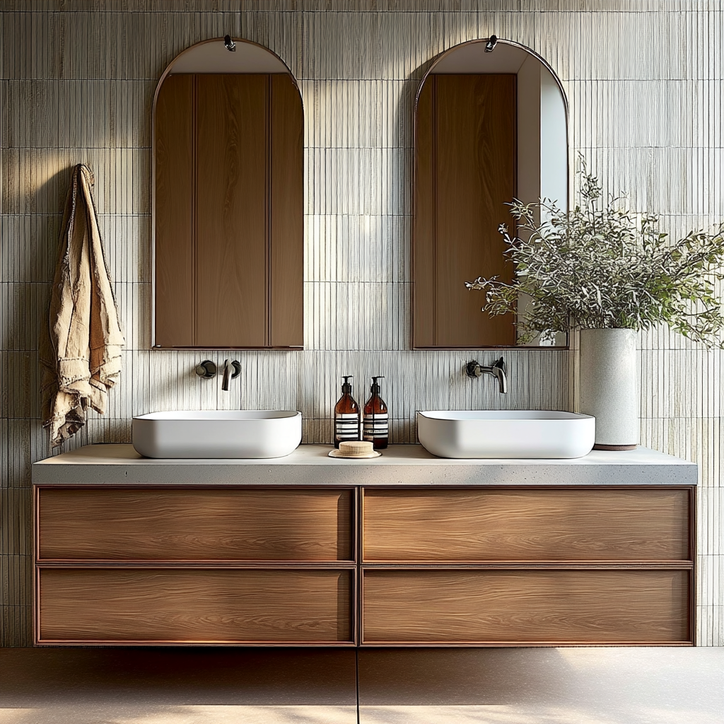 walnut floating bathroom vanity with four handleless soft-close drawers and clean minimalist design by HEAVEN.