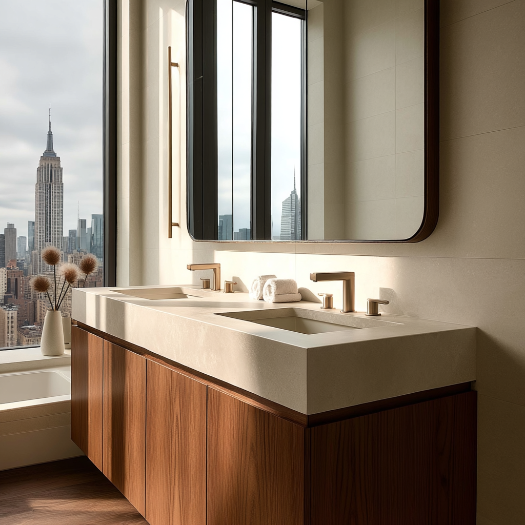 custom walnut wall-mounted vanity with soft-close drawers and minimalist silhouette