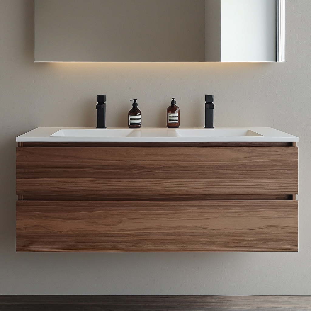 custom walnut floating vanity with full-extension soft-close drawers and modern minimalist form