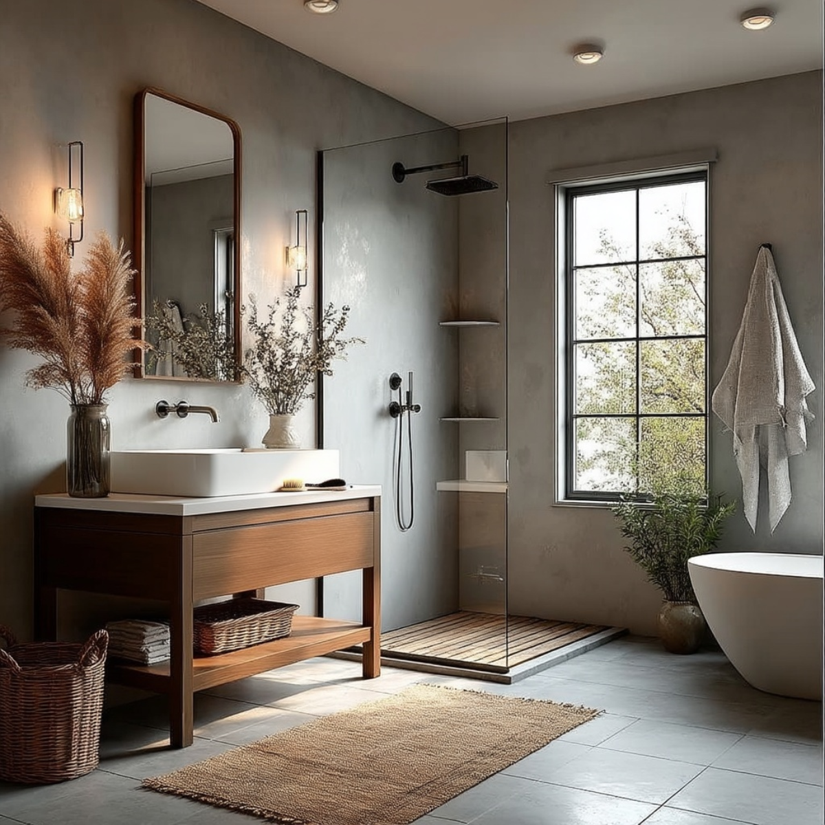 custom walnut freestanding vanity with natural wood texture and spacious soft-close drawers
