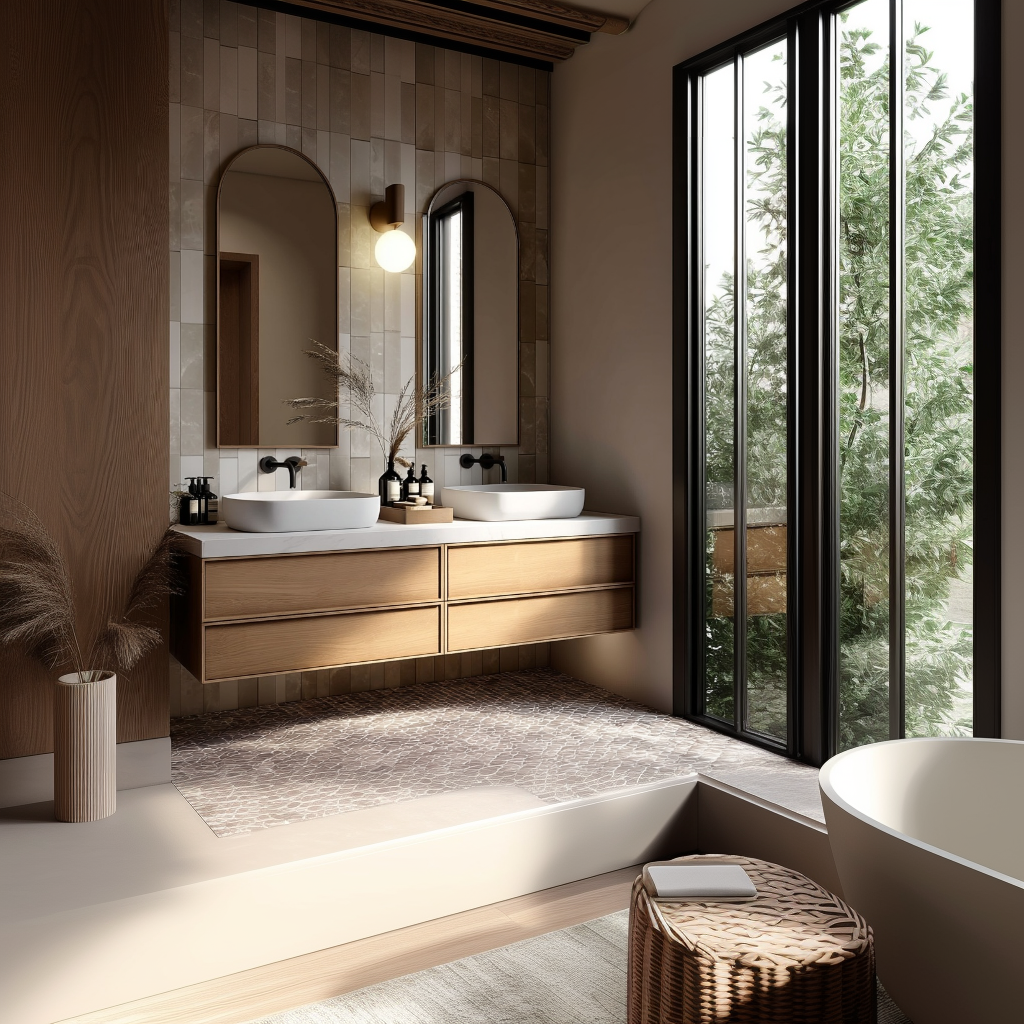 custom white oak floating vanity with modern clean edges and soft-close storage drawers.